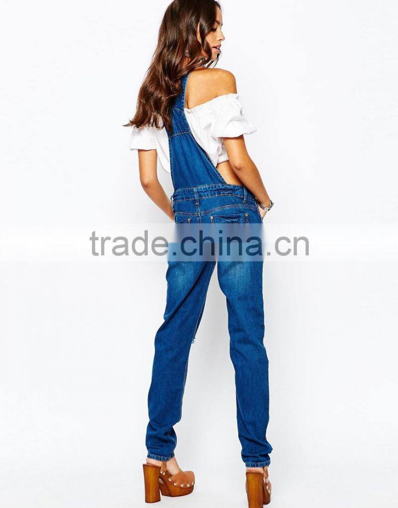 2015 China factory OEM ODM fashionable customized Ripped Overall with Square neckline