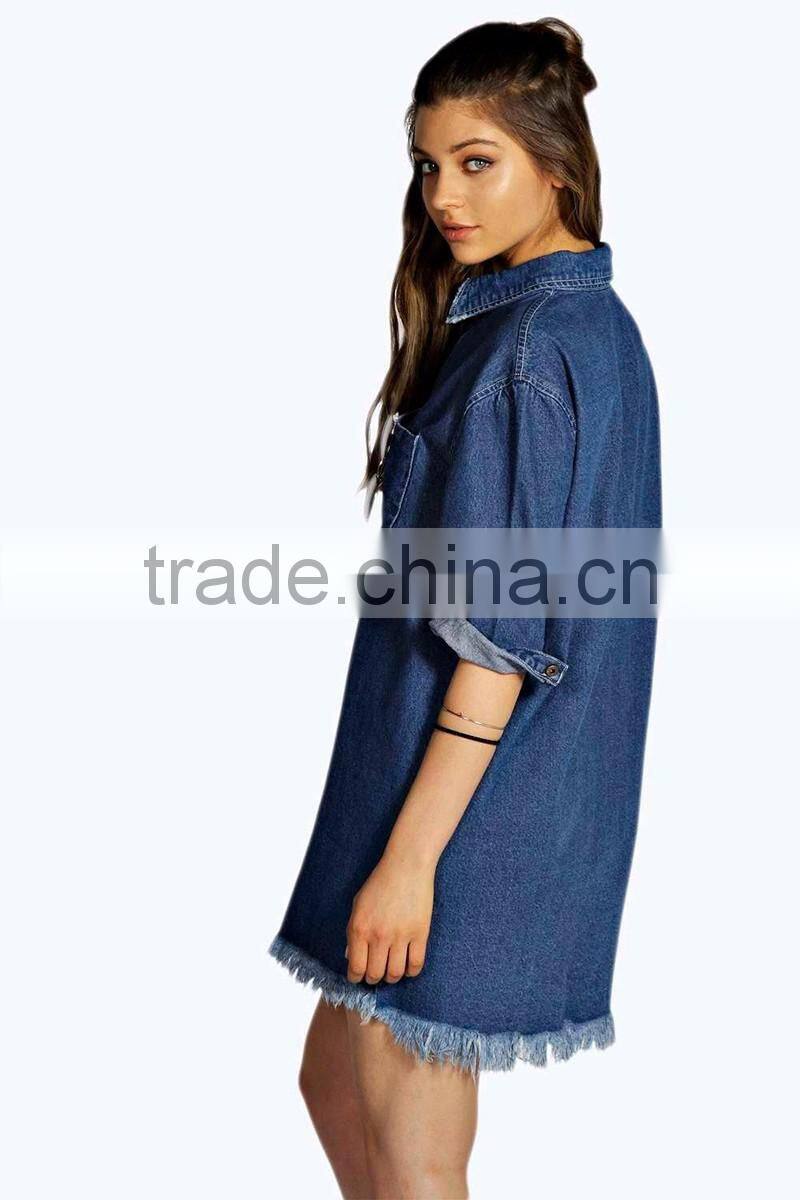 ladies trendy fringe hem denim shirt dress pattern
