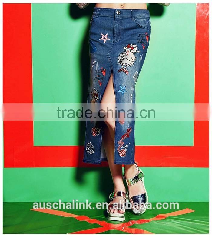 european style ladies front split embroidered long denim skirts