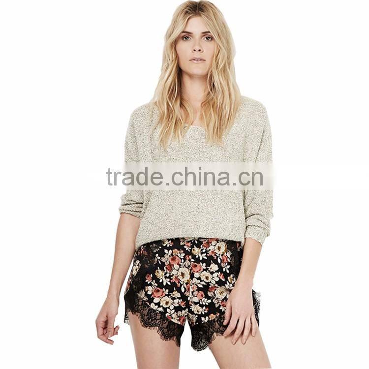 HAODUOYI Women Black Rose Print Lace Contrast Shorts