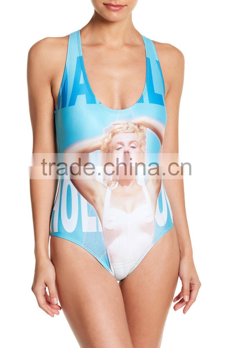 Screen Print One Piece With Liner Custom Swimsuit Scoop Neck Tank Top Straps 80% Nylon 20% Spandex Stretch Women Swimwear