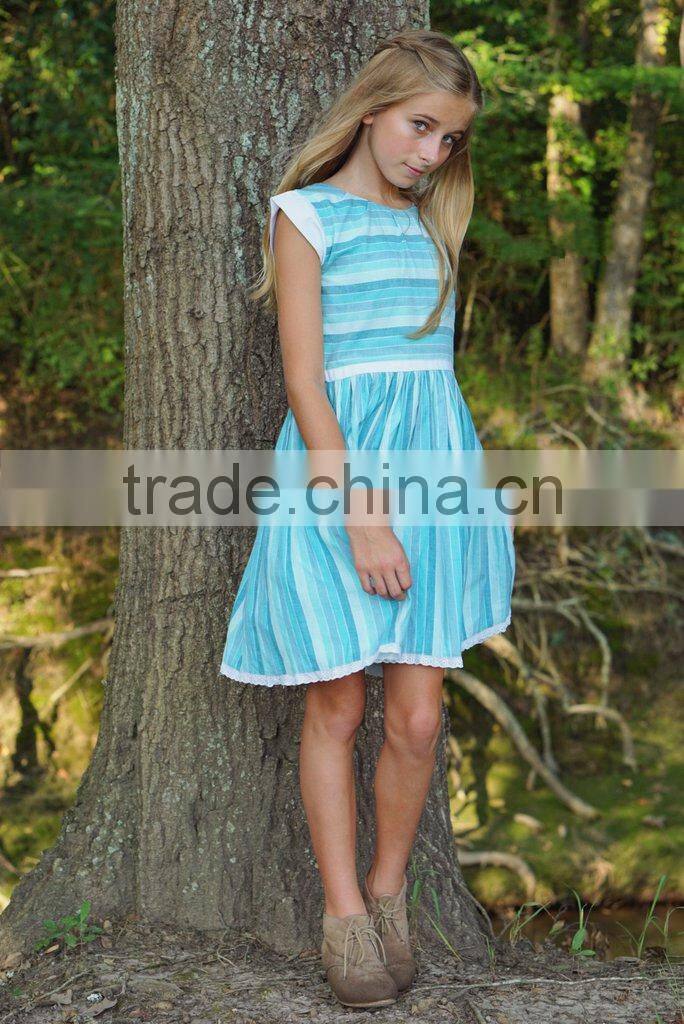 Girls Remake Boutique Back To School Blue Striped Dress 100 % Cotton Lace Dress