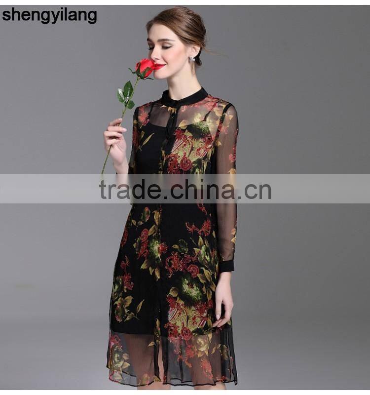 2016 spring summer pure true button-up silk long sleeve shirt dress