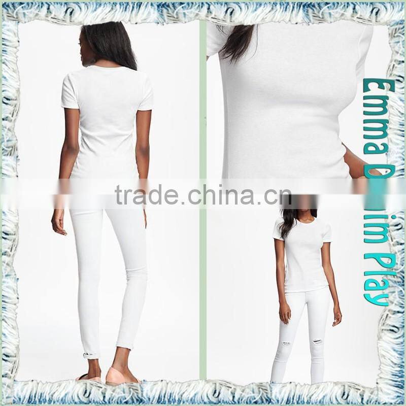 Fashion Plain Design Solid White Organic Cotton Womens Tight Fit Short Sleeve Tee Shirts
