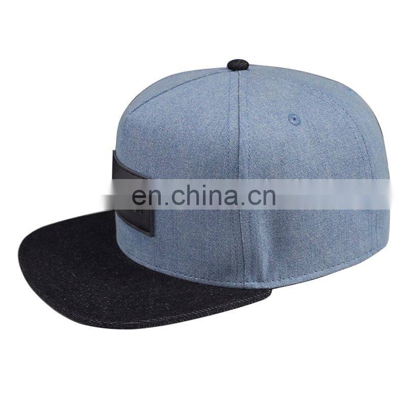 Wholesale 5 panel leather patch logo denim snapback cap