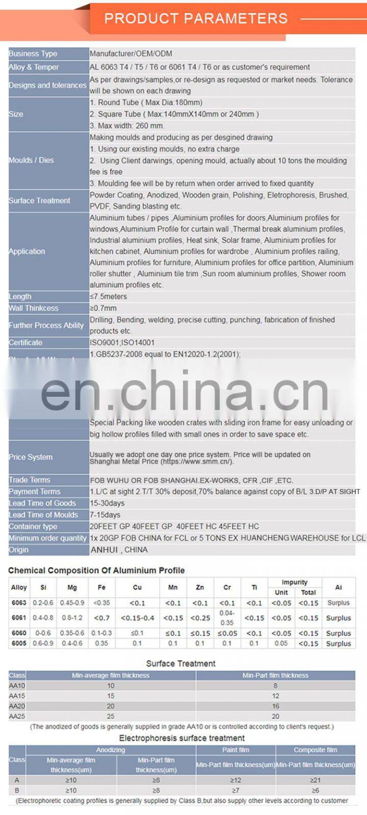 Factory supply sandblasting electrophoresis extrusion aluminium profiles 6063 t5 for sliding window & door series