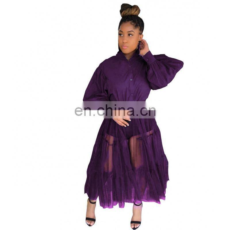 (Belt not included) Customized new women's fashion big size nightclub mesh translucent stitching long sleeve dress