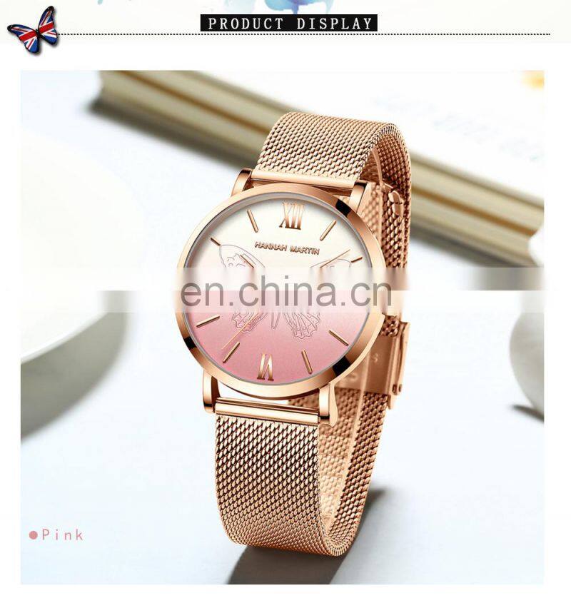 Hannah Martin 13620 Women Watch Luxury 3D Butterfly Rose Gold Mesh Strap Japanese Movement Waterproof Quartz Women Wristwatch