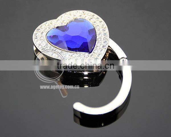 Blue Heart Crystal Rhinestones Fashion Lady Woman Hnadbag Hook Holder Foldable Alloy Metal Heart Bag Hanger