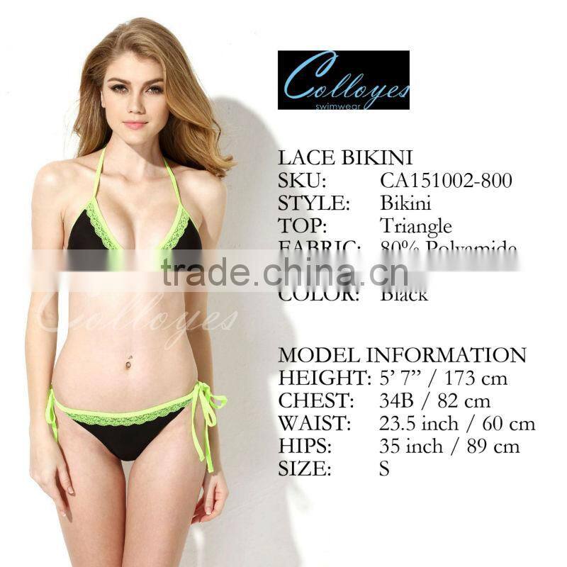 Colloyes New Sexy Bikini Swimwear 2016 Triangle Top Black + Green Lace with Classic Cut Bottom