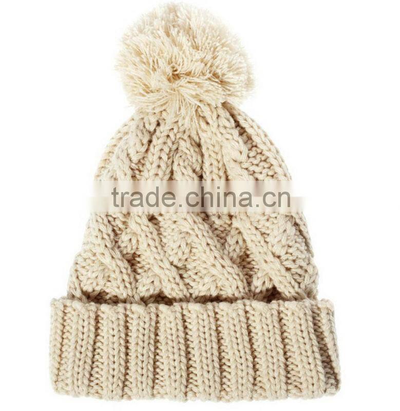 Elegant ivory custom cable knit pom beanie