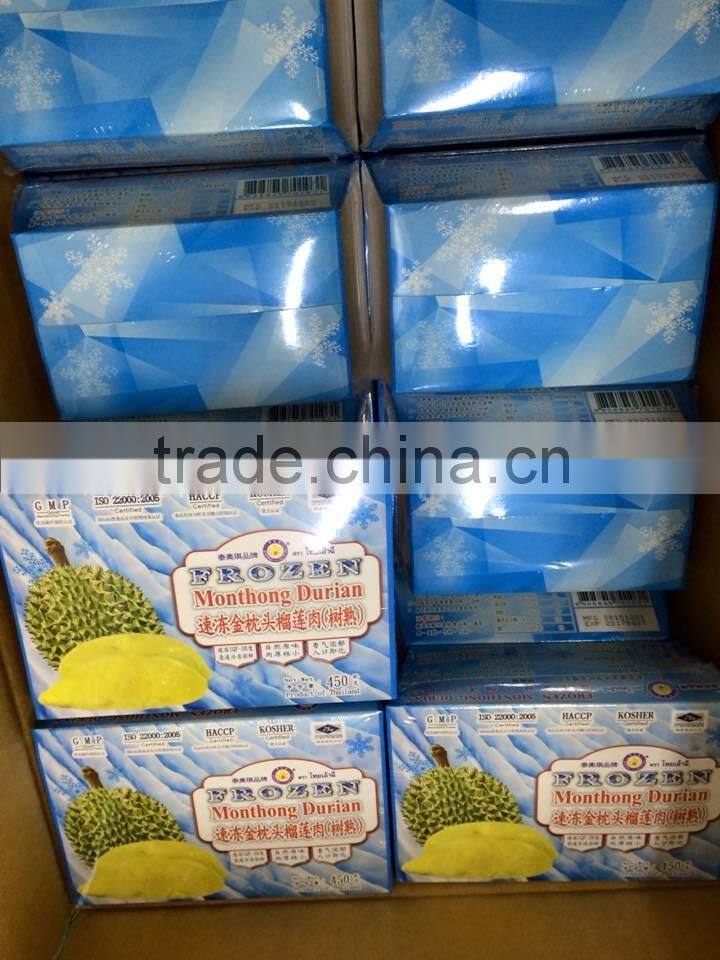 Thai Ao Chi Frozen Durian Monthong 450 B / box certified HACCP, ISO 22000 , GMP, HALAL and KOSHER Thai Ao Chi