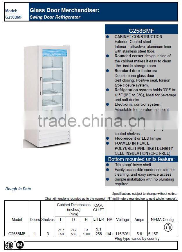 Single Glass Door Merchandiser, reach-in cooler ,Showcase display_G258BMF