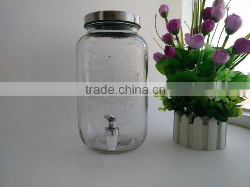 4L juice glass jar with tap and glass beverage dispenser with tap , glass demijohn with tap