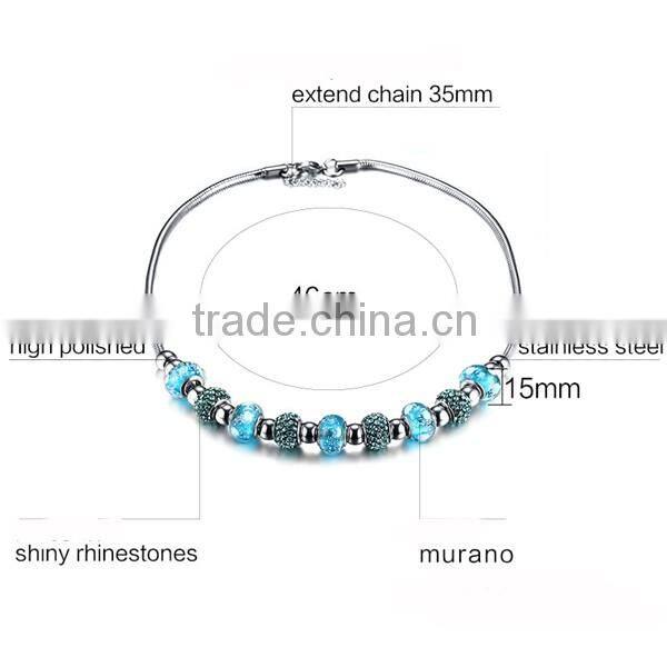 Fashion Women Blue Glass Stainless Steel Necklace And Bracelet Jewelry Sets
