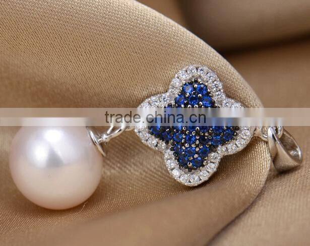 8.5-9mm AAA sterling silver blue flower round freshwater small pearl pendant