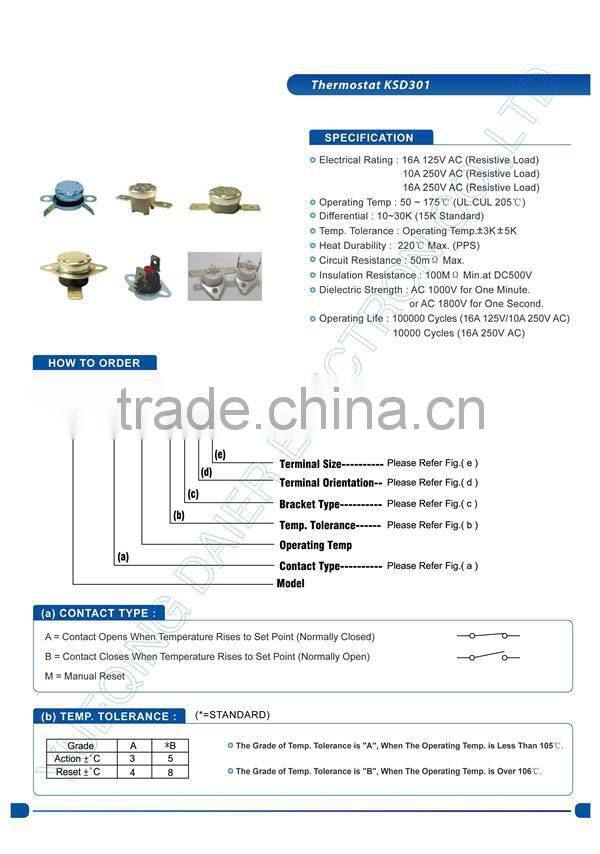 KSD301 Thermostat 250V 10A/Snap Switch Thermostat