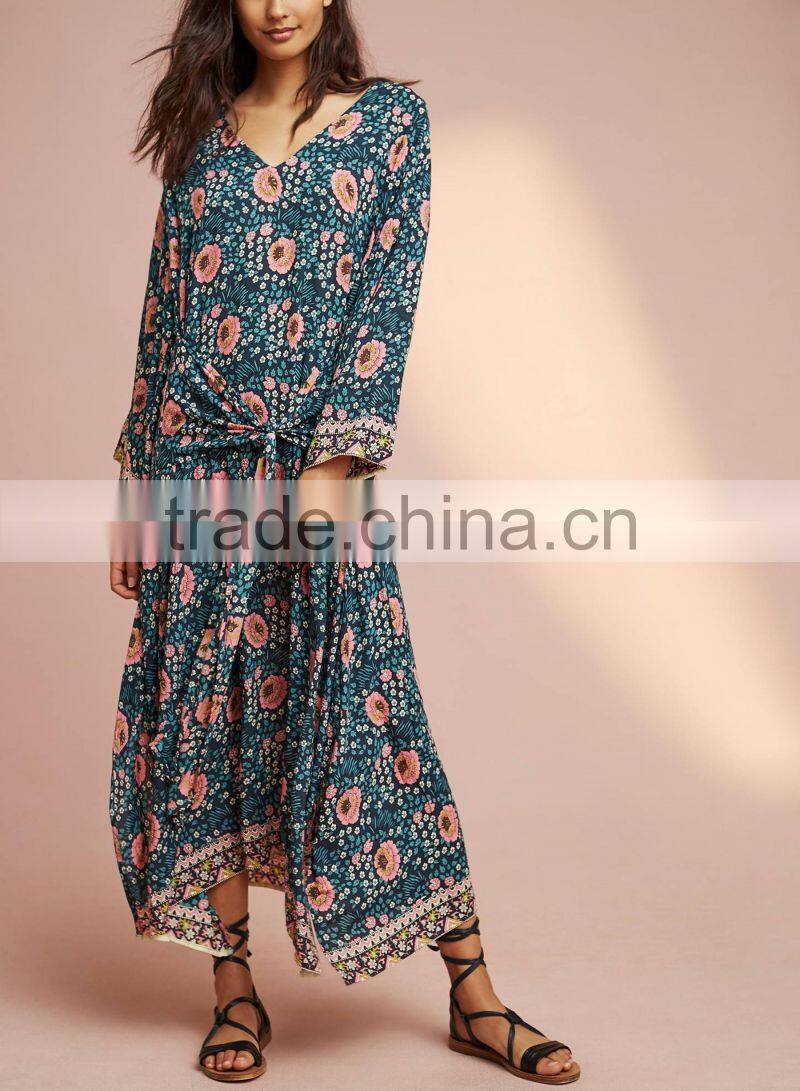 Boho Printed Long Sleeve Tie-Waist Details Frog Women Maxi Dress HSd5208
