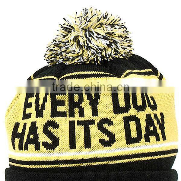 Jacquard kint beanie hat/pom pom beanie hats wholesale/cuffed knitted embroidered custom men's beanie hat