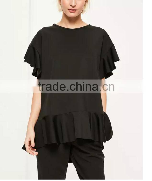 Hot selling custom pink short sleeve frill trim new design t shirts