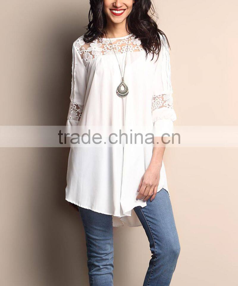 Free Shipping Women Outwear With White Lace Panel Tunic Women Tops Women Clothing GD90426-9