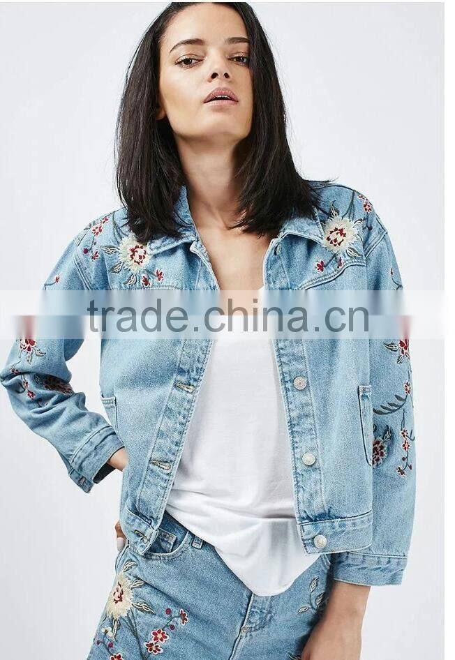 Women's spring rose pattern embroidered washed short tops denim jacket/coat