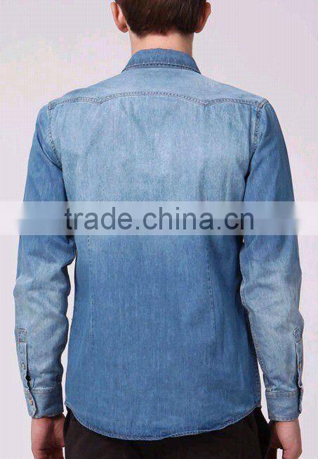 European fashion style Light blue 100%Natural Cotton soft Denim/Retro Cowboy Shirt for men with S,M,L,XL,XXL peaked collar