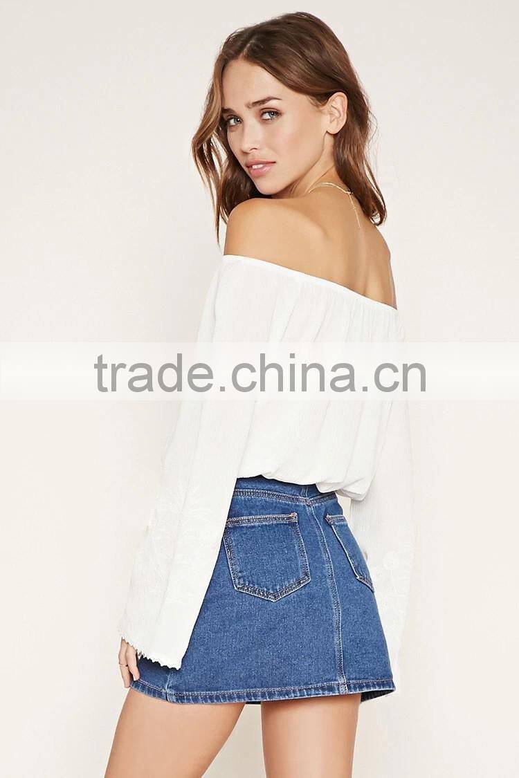 2016 shandao new arrival plain dyed cotton summer fashion off shouder long sleeve design skirts and blouse