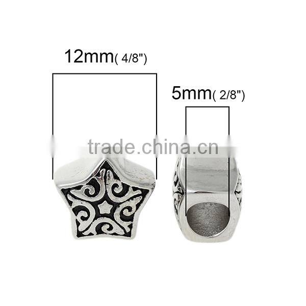 304 Stainless Steel European Style Large Hole Charm Beads Star Silver Tone Flower Carved Black Enamel About 12mm x 12mm