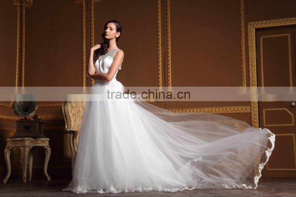 2016 new arrival elegant off shoulder sweetheart lace bottom crystals neck open back white bride wedding dress