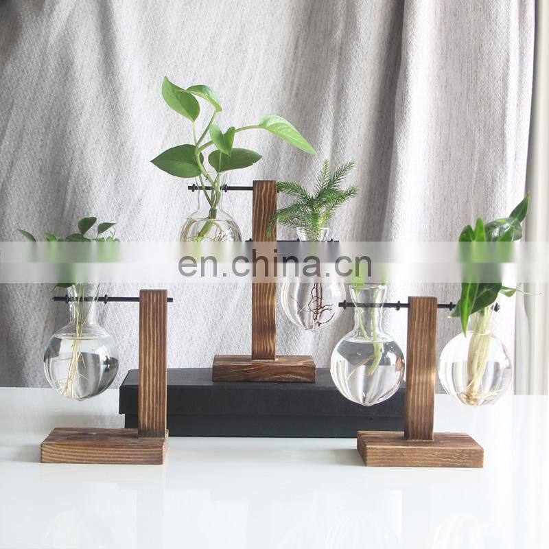 Terrarium Hydroponic Plant Vases Vintage Flower Pot Transparent Vase Wooden Frame Glass Tabletop Plants Home Bonsai Decor
