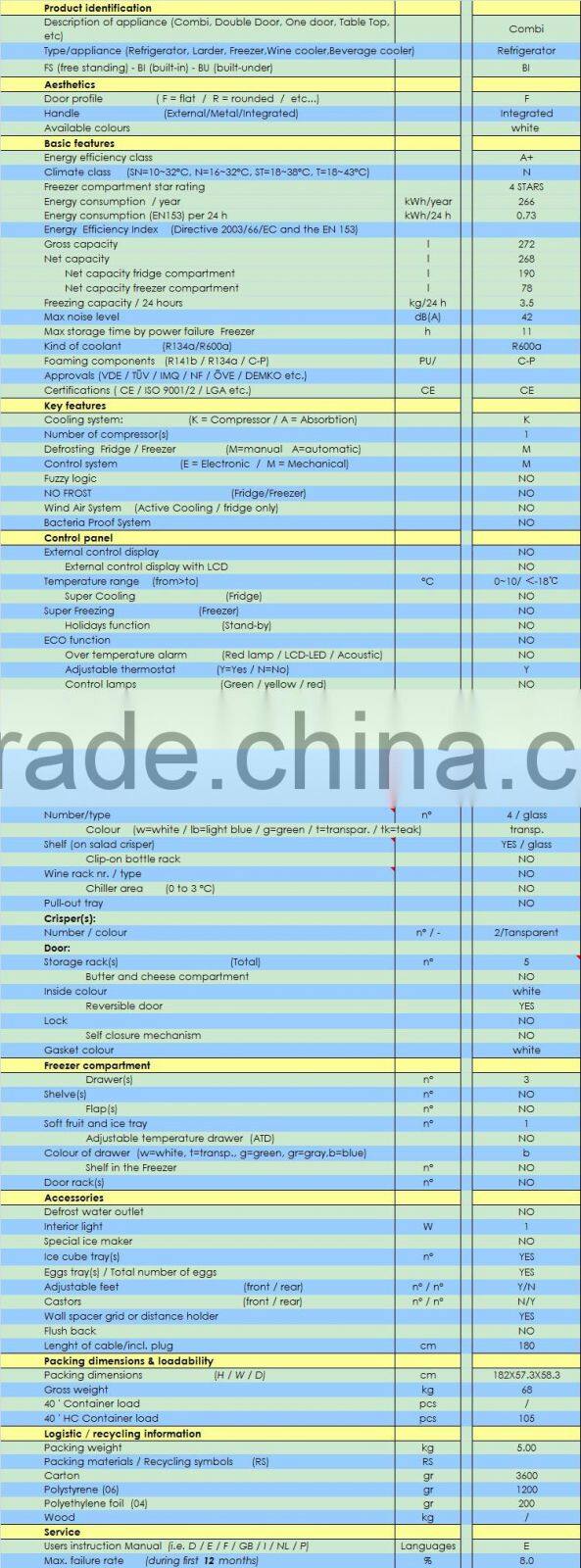 272Liter home appliance built in bottom freezer fridge