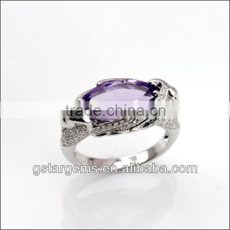 925 Sterling Silver Natural Gemstone Amethyst Rhodium Plated Jewelry CZ Ring Hong Kong Wholesale