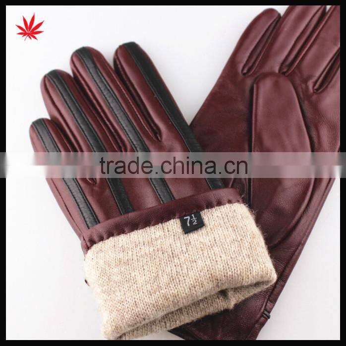 Ladies high quality fashion stripe sheepskin wine red leather gloves