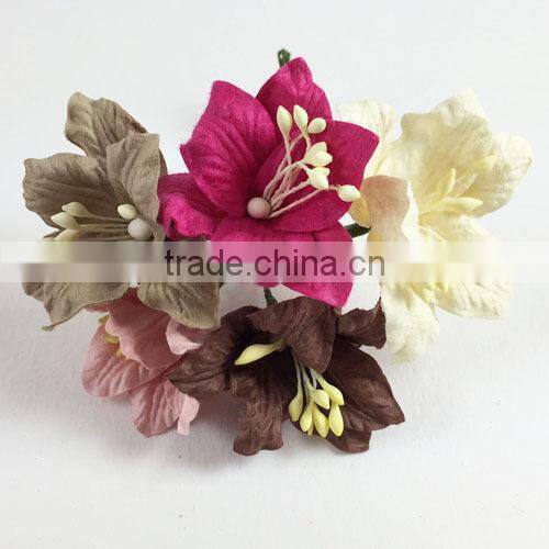 Lily Pink Brown Cream Mixed Handmade Mulberry Paper Flower, Wedding Party, Scrap-booking Crafts, Wholesale
