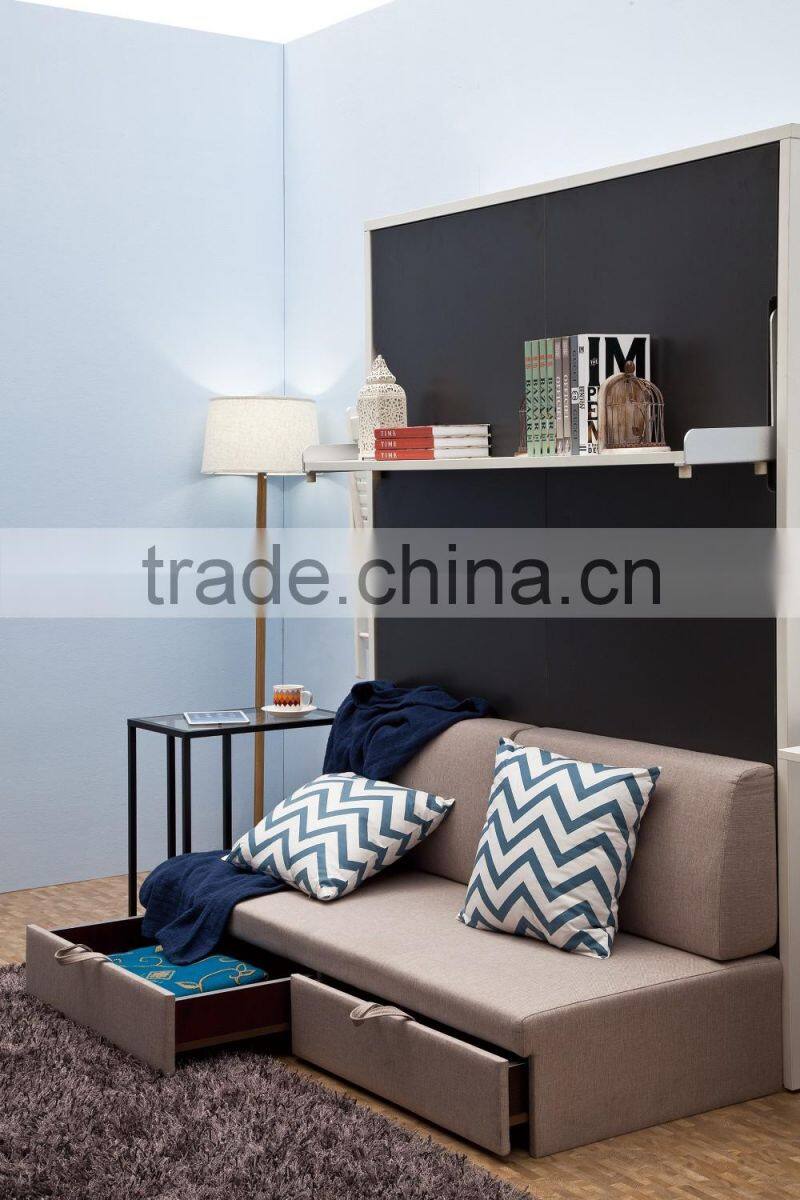 2016 hot sale transformable hidden bed wooden vertical murphy double wall bed with bookshelf and sofa