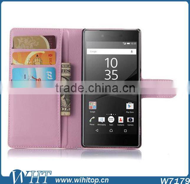 New Arrival Litchi Leather Wallet Flip Stand Pouch Cover Case for Sony Xperia Z5
