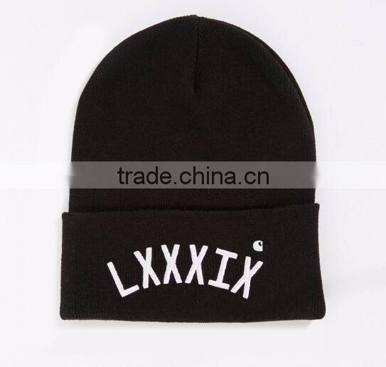 Girls Black Custom Knitted Beanie Winter Hat with White Embroidered Logo