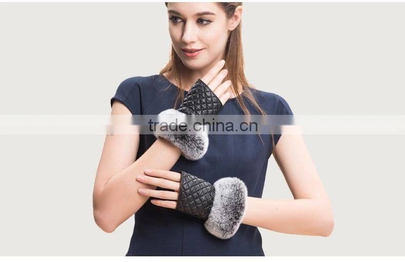Fingerless Gloves Sheepskin gloves mittens With Rex Rabbit Fur Trim For Winter Lady