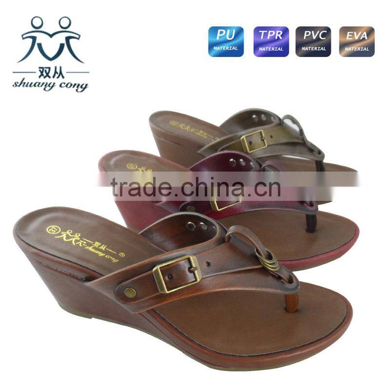 newest ladies PU flip flop high heel wedge slipper shoes with metal belt wholesale