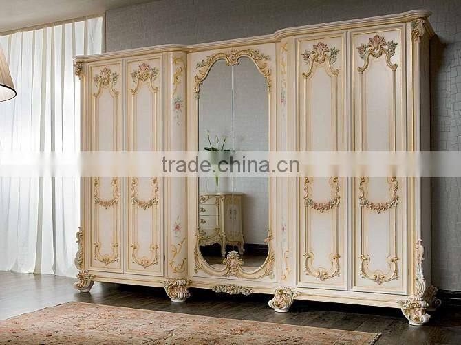 European Royal Four Doors Wardrobe with Mirrors, Elegant Hand Painting Bedroom Wardrobe