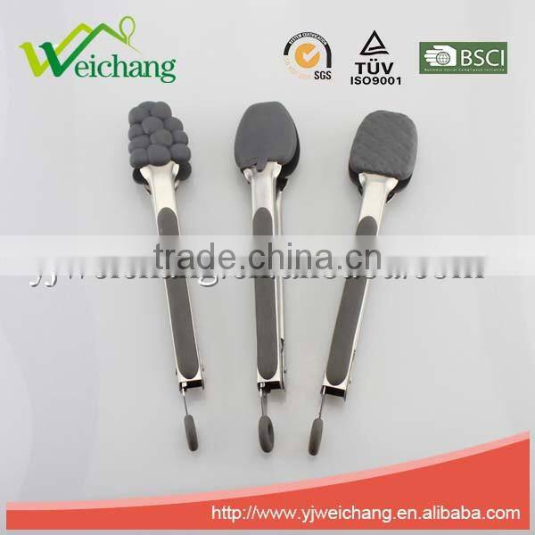 WCE13 Premium Comfort Stainless Steel Locking Kitchen Tongs Food Tong with Silicone Heads, Good Grip and Built In Stand