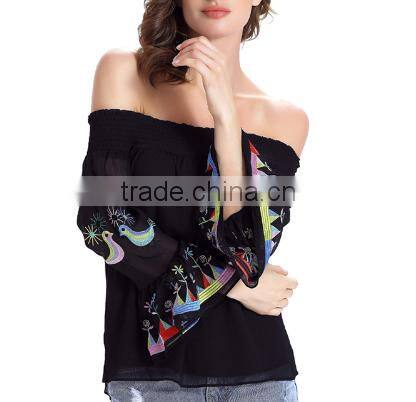 2016 New Fashion Slash Neck Shirts Women Long Sleeve Chiffon Blouses Strapless Embroidered Print Blusa Feminina