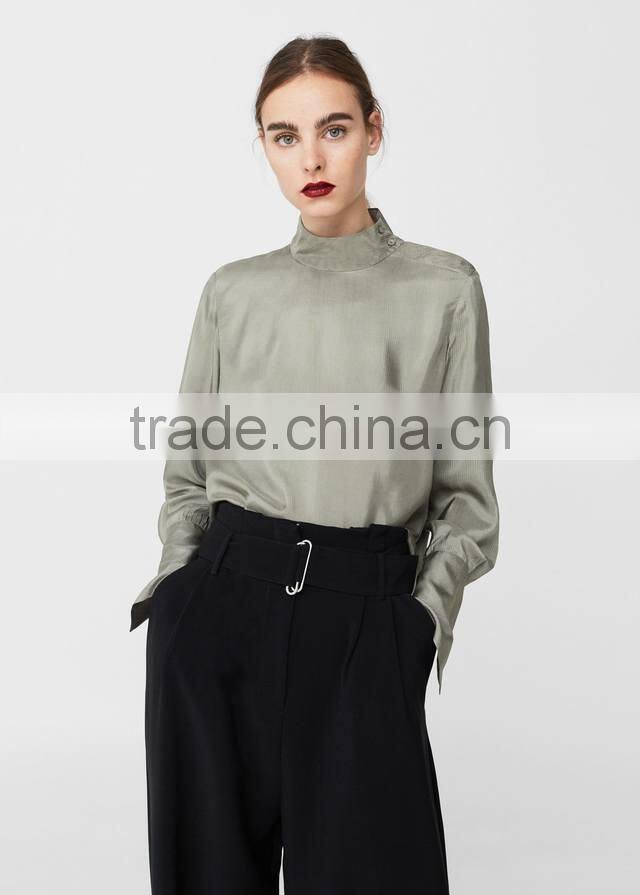 Autumn Women's Shirts Blouses 2017 100% viscose Rounded Neck Long Sleeve blouses