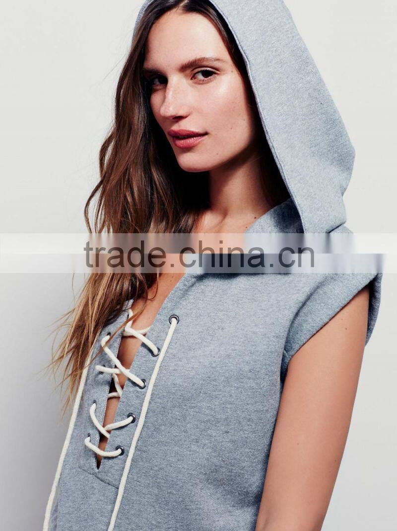 2015 new style blank hoodies girl's lace up neck sleeveless hoodie