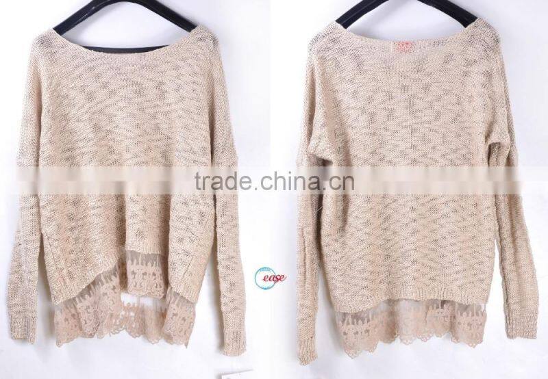 china supplier production lady viscose sweater with lace trim hem