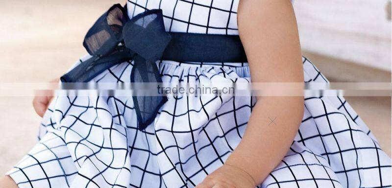 Blue Check Pattern Bowknot Sleeveless Baby Casual Girls Dress