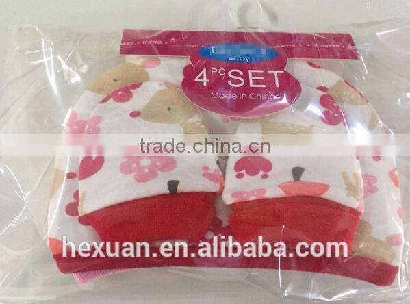 OEM or Stocked ,4pcs/set Newborn baby double hat, 2 pieces + protective gloves, 2 pairs of cotton, 4 pcs each set