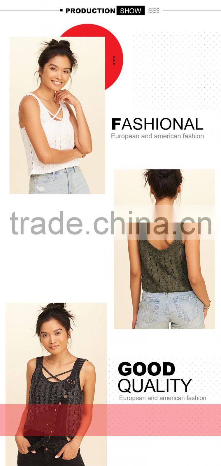 2018 new fashion womens knitted sleeveless crochet top with wholesale price