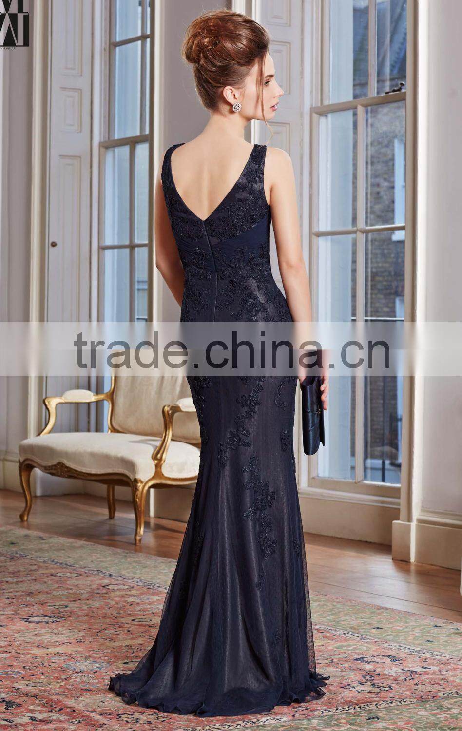 Long Elegant Straps V Back A-line Evening Dresses 2014 With Lace Applique